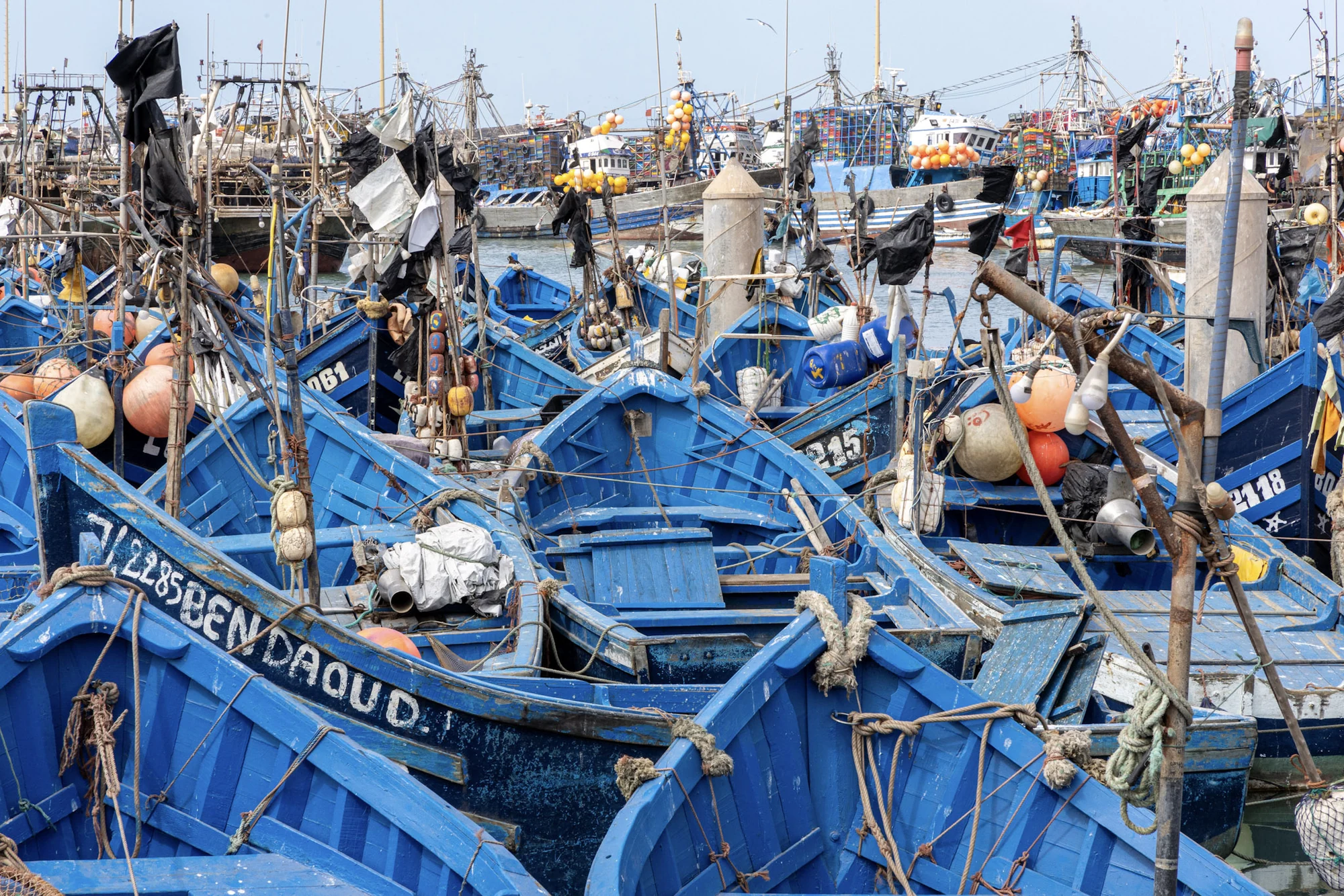 Blue fishing boats packed closely together in a working harbour.